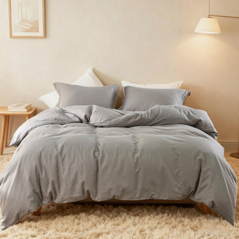 Simple&Opulence French Linen Duvet Cover Set 88" x 92"- 3 Pieces (1 Comforter Cover,2 Pillowcases)- Natural Flax Cotton Blend-Solid Color Breathable Farmhouse Bedding-Grey, Queen - Image 1